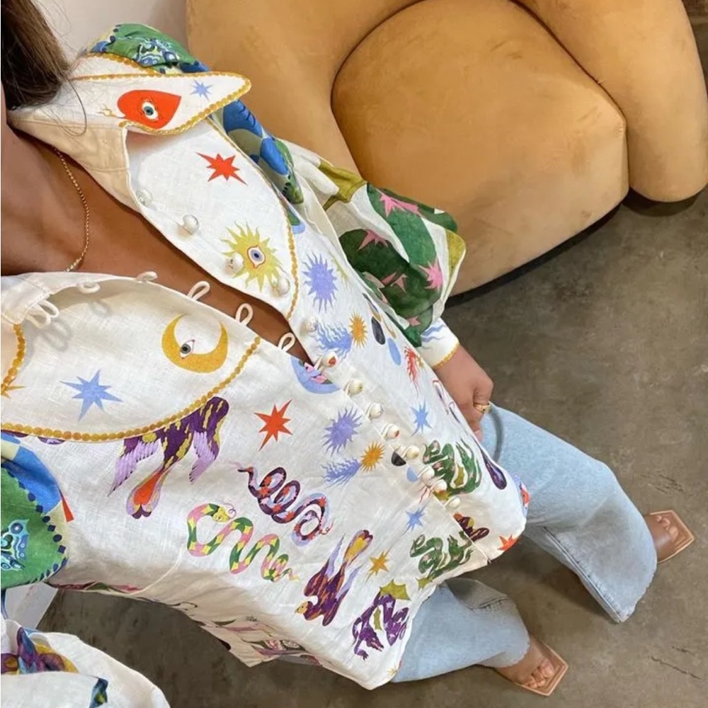Whimsical Zodiac Print Cream Button-Up Blouse - Picture 6 of 7